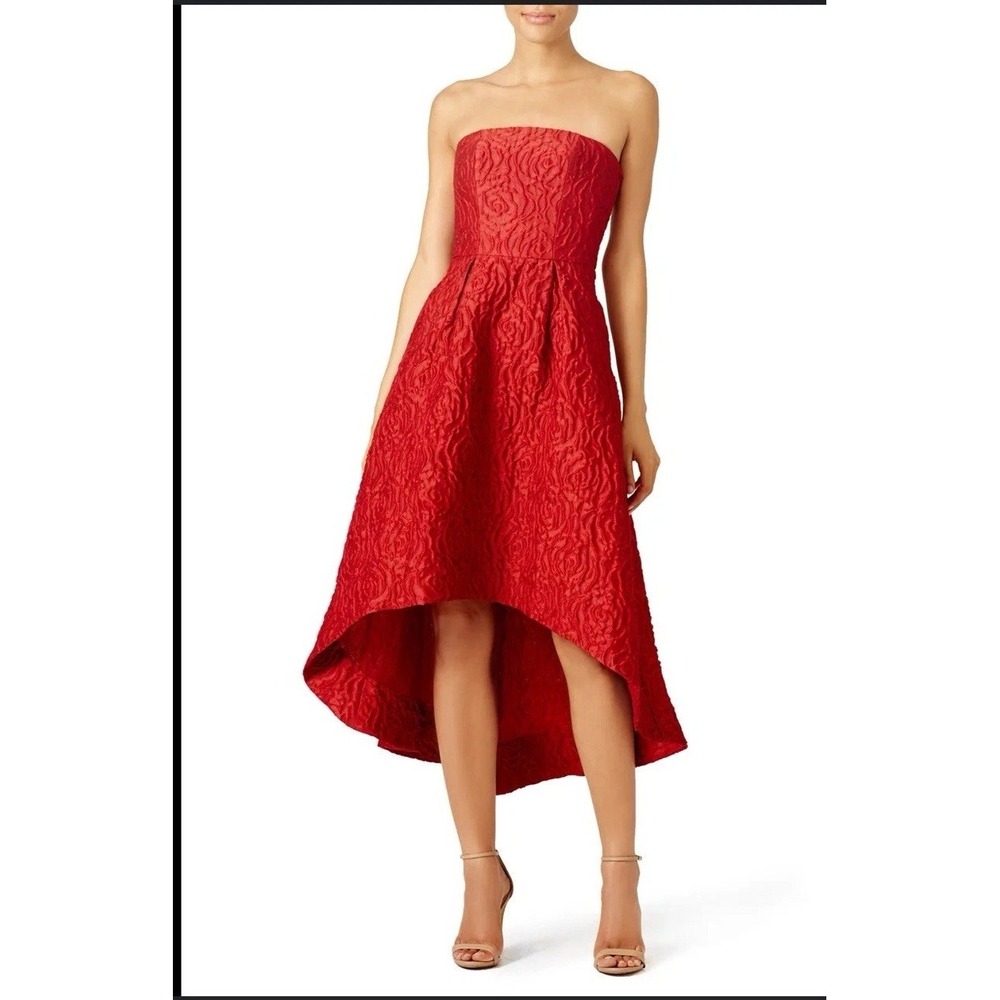 Monique Lhuillier Strapless Red Textured Hi-Low Dress
